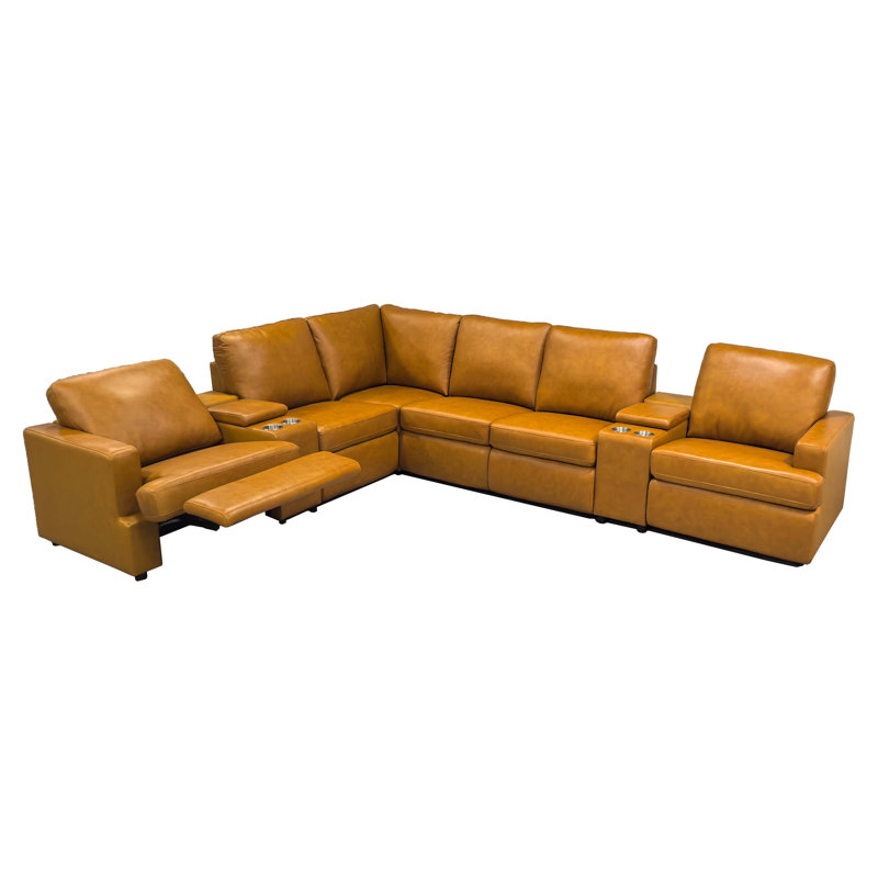 Nangonpraiton Leather Match Power Recline Sectional, Ginger Leather Match