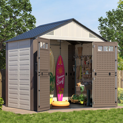 Remise de rangement extérieure robuste en HPE de 8 pi x 6 pi avec plancher, remise imperméable à double porte pour la cour arrière