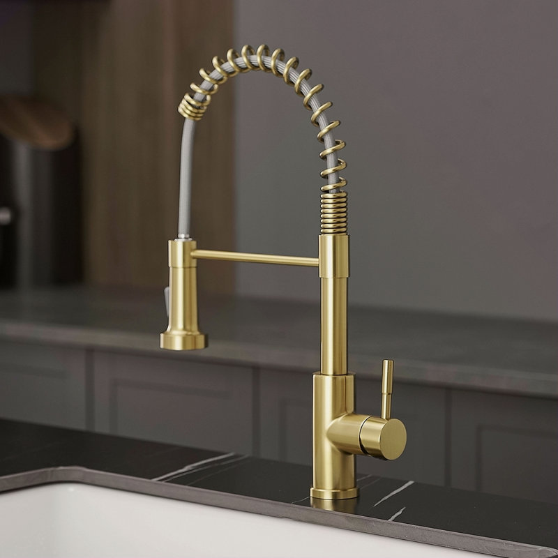 Robinet de cuisine avec douchette extractible en acier inoxydable, Or brossé