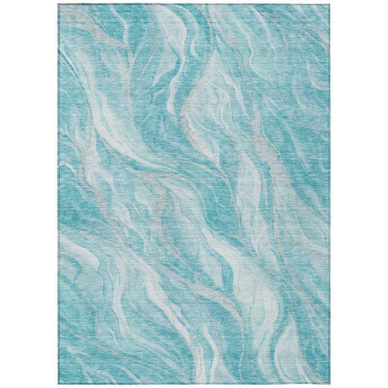 Tapis extérieur lavable abstrait bleu sarcelle 9 pi x 12 pi bleu turquoise et ivoire