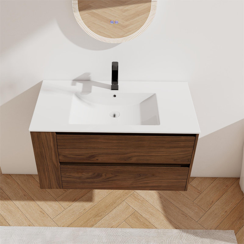 Plemons 36'' Wall Mounted Single Bathroom Vanity with Resin Vanity Top, Brown Oak