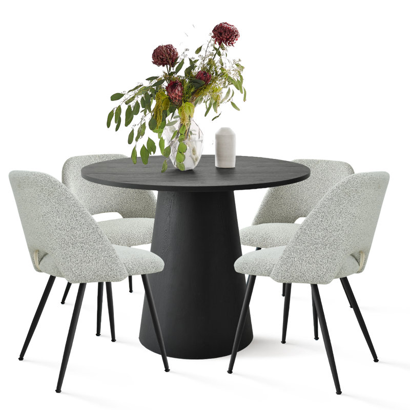 Caetano 4-Person Solid and Pedestal Dining Set, Gray, Black