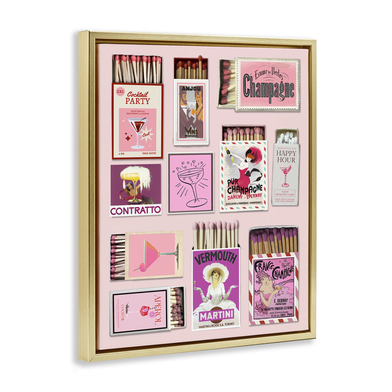 Champagne & Cocktail Matchboxes Floating Frame, design by CAD Designs, 21" H x 17" W, Metallic Gold Floater Framed