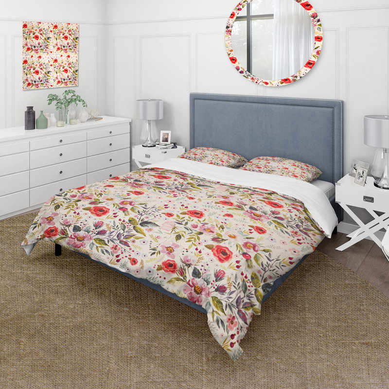 Ensemble de housse de couette à motif floral - Microfibre rouge maison de campagne / campagne 3 pièces