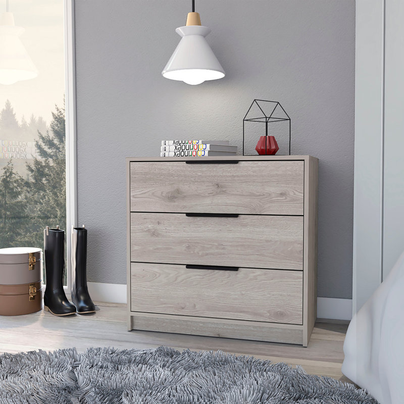 Commode 3 tiroirs Maryland, plateau supérieur, finition gris clair, Gris clair