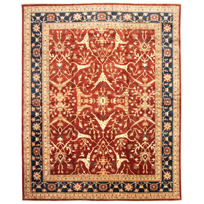 Tapis rouge foncé en laine noué à la main de conception unique 13 pi x 16 pi 2 po New Age