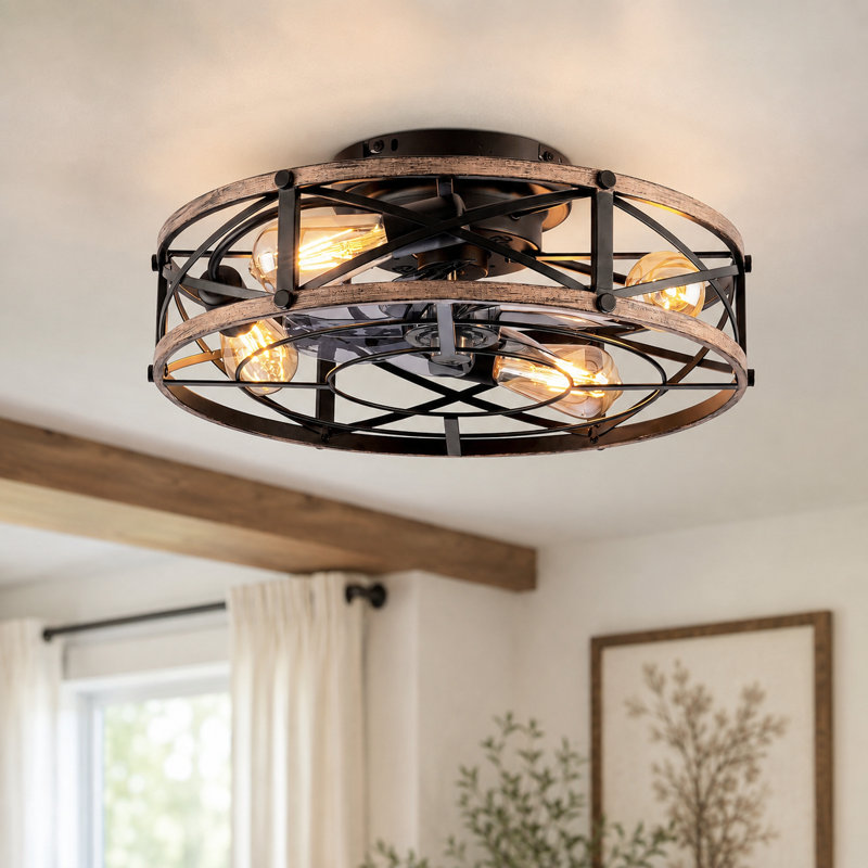 20" Farmhouse Caged Flush Mount Ceiling Fan with Remote Control, Matte Black and Gold Finish