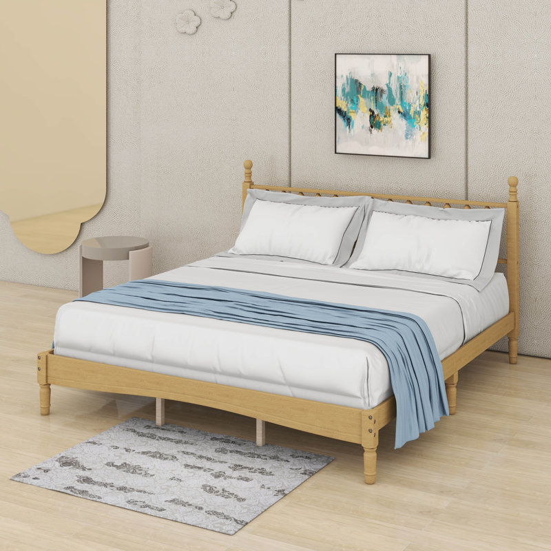 Base de lit en bois avec tête de lit en forme de gourde, lit plateforme avec support en lattes de bois, Très grand lit