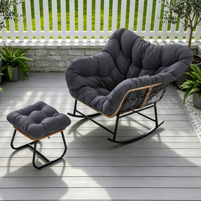 Outdoor Oversized Papasan Rocking Chair with Ottoman and Cushions