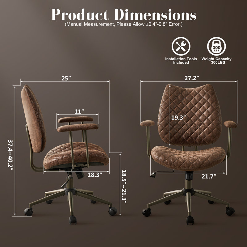 Ergonomic Office Desk Chair With Arms, Pu Or Suede Leather, Adjustable Swivel For Home, Dorm, Vanity & Study