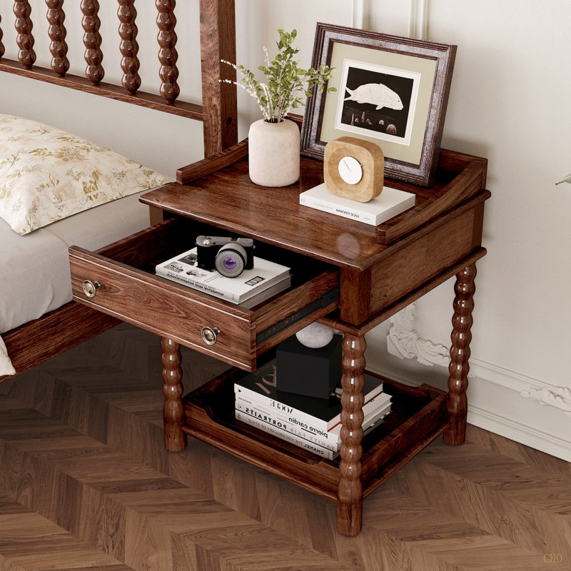Table de chevet de style rétro avec tiroir et tablette ouverte pour chambre à coucher, table de chevet avec pieds tournés et poignée en métal