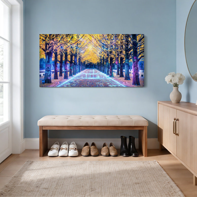 Ensemble de 1 tableau sur toile tendue représentant des arbres d'automne avec un circuit lumineux au néon, H 20 po x l 40 po