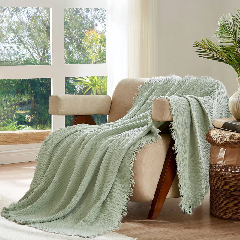 Jeté 100% coton mousseline - 4 couches de gaze tissée avec frange, couverture douce, légère et respirante pour le lit, le canapé ou le voyage