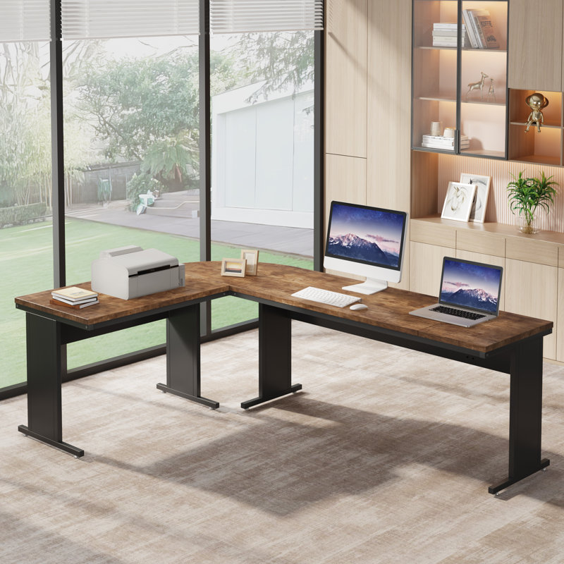 83" Modern L-Shaped Executive Desk With Reversible Design, Home Office Corner Workstation, Brown