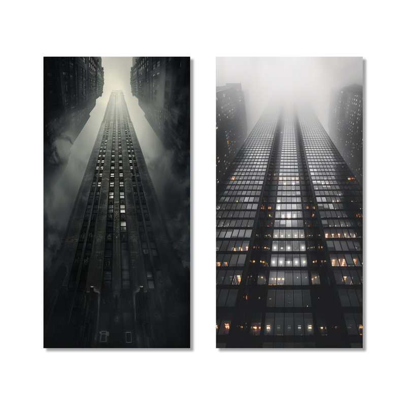 Ensemble de 2 pièces grises à structure colossale grise I - Skyscrapers, Toile tendue, H 28 po x l 24 po
