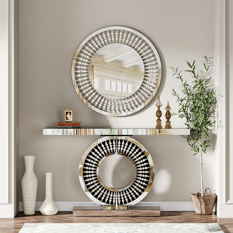 43-Inch Mirrored Console Table With Round Jeweled Decorative Wall Mirror Set Of 2