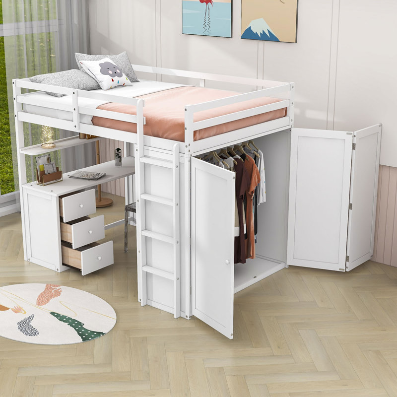 Henness Full 3 Drawer Loft Bed with Built-in-Desk, White