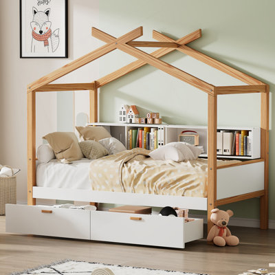 Lit en bois avec cadre en bois original, deux tiroirs et bibliothèque pour enfants ou chambre d'amis