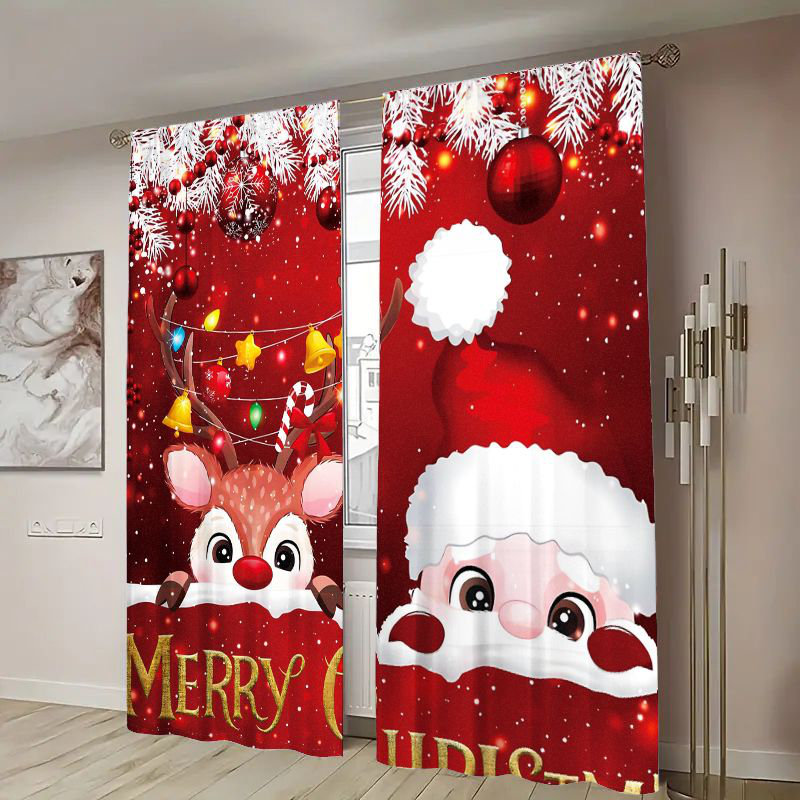 2Pcs Christmas Santa Claus Reindeer Curtains - Festive Holiday Window Drapes with Merry Text Rod Pocket Design for Living Room Bedroom Kitchen Light Filtering Polyester Home Decor