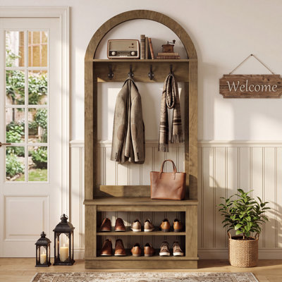 Arbre d'entrée avec banc et rangement pour chaussures, portemanteau 5 en 1, brun, banc d'entrée avec portemanteau, conception arquée, avec 12 crochets et tablettes de rangement, style maison de campagne, 31,5 po x 13,78 po x 70,87 po