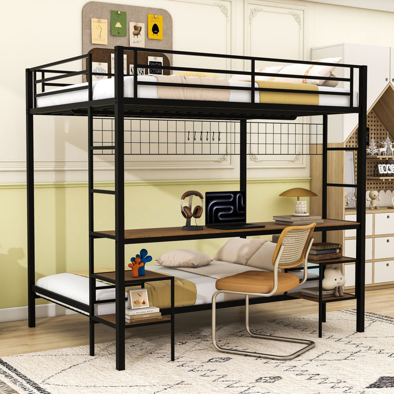 Lit superposé avec bureau, station de charge, tablettes de rangement et barrières de sécurité, Chêne noir cannelle
