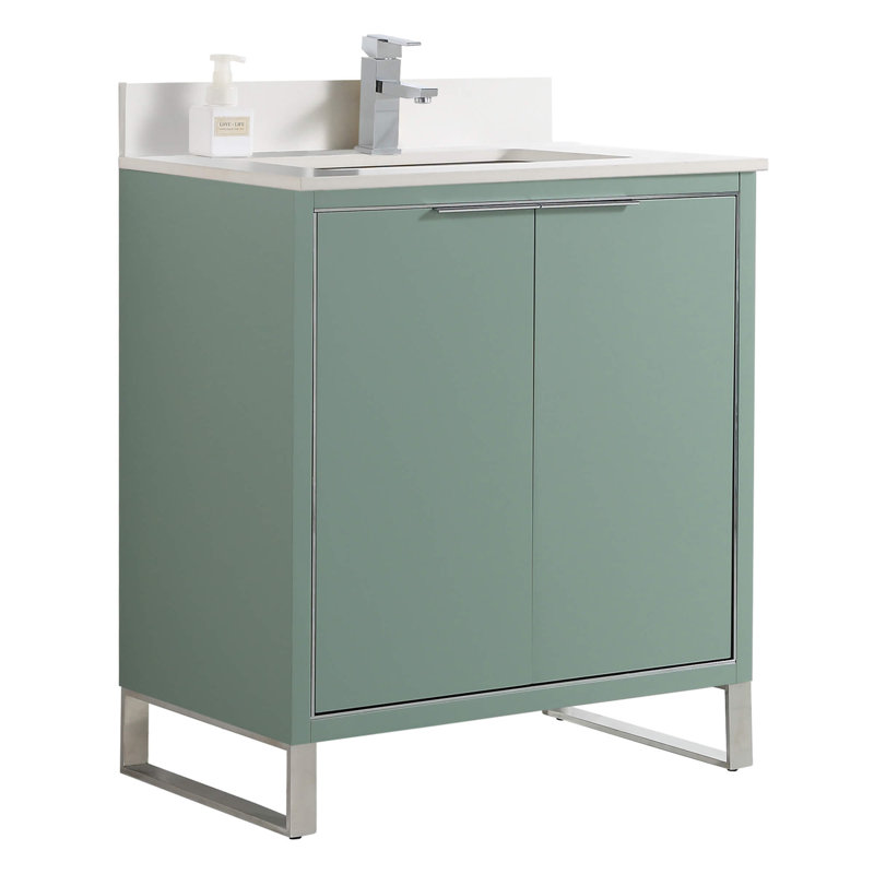 Geryl Free Standing Single Bathroom Vanity with Stone Top, Chrome, Mint Green, 30"W
