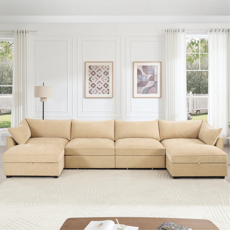 Canapé en U à 4 places avec repose-pieds avec repose-pieds, canapé à 4 places avec 2 repose-pieds mobiles, canapé modulaire surdimensionné avec 6 sièges et tiroir coulissant sous chaque siège, chenille blé
