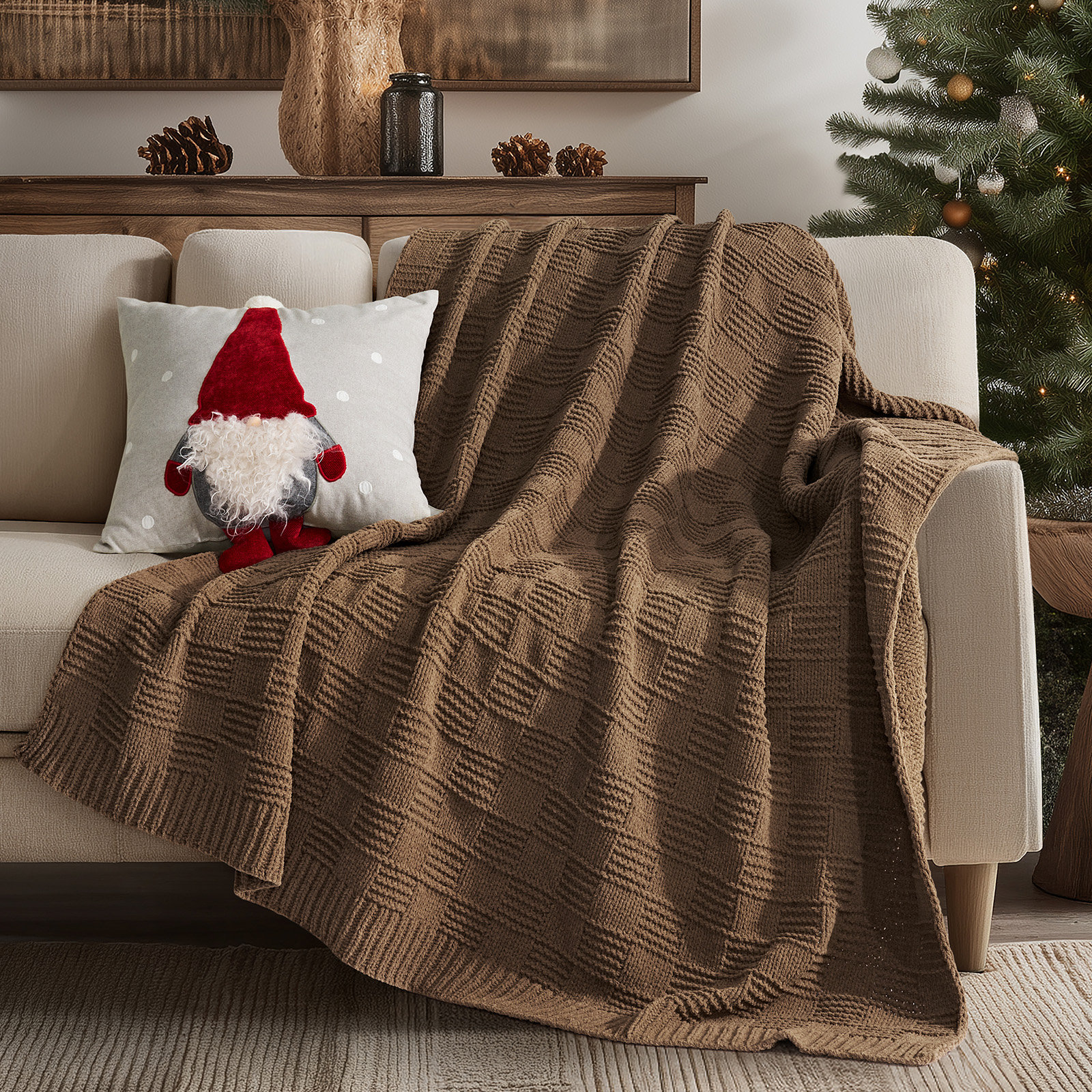 Checkered Weighted Knit Throw Blanket, 60" X 80", Camel Brown