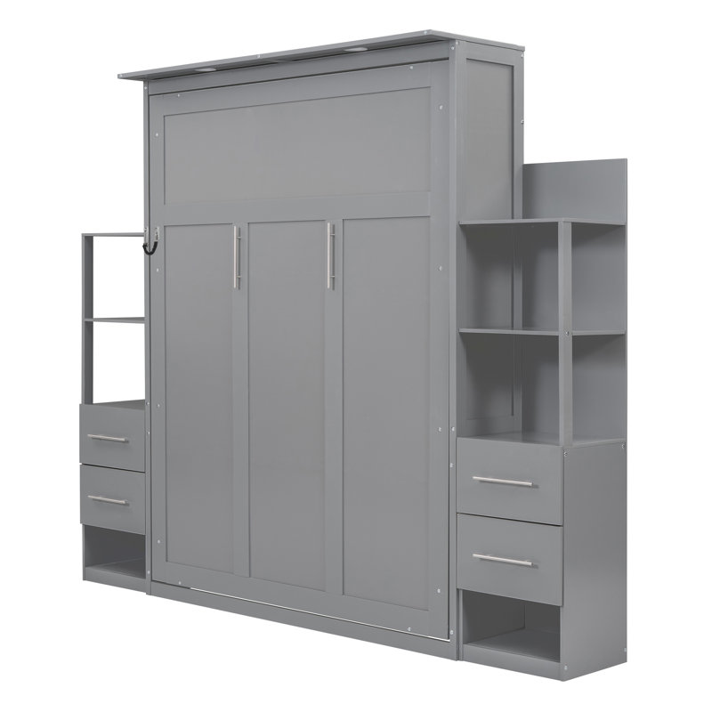 Grand lit escamotable mural avec tablettes intégrées, tiroirs et DEL, mobilier de chambre pliable peu encombrant, gris, Gris
