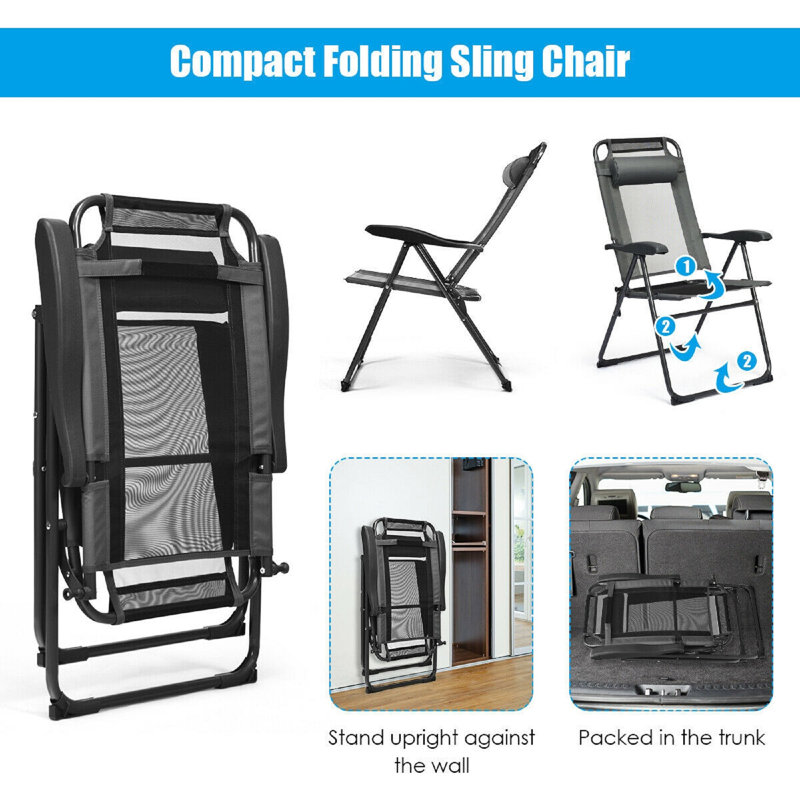 4 Pcs Patio Garden Adjustable Reclining Folding Chairs With Headrest, Gray