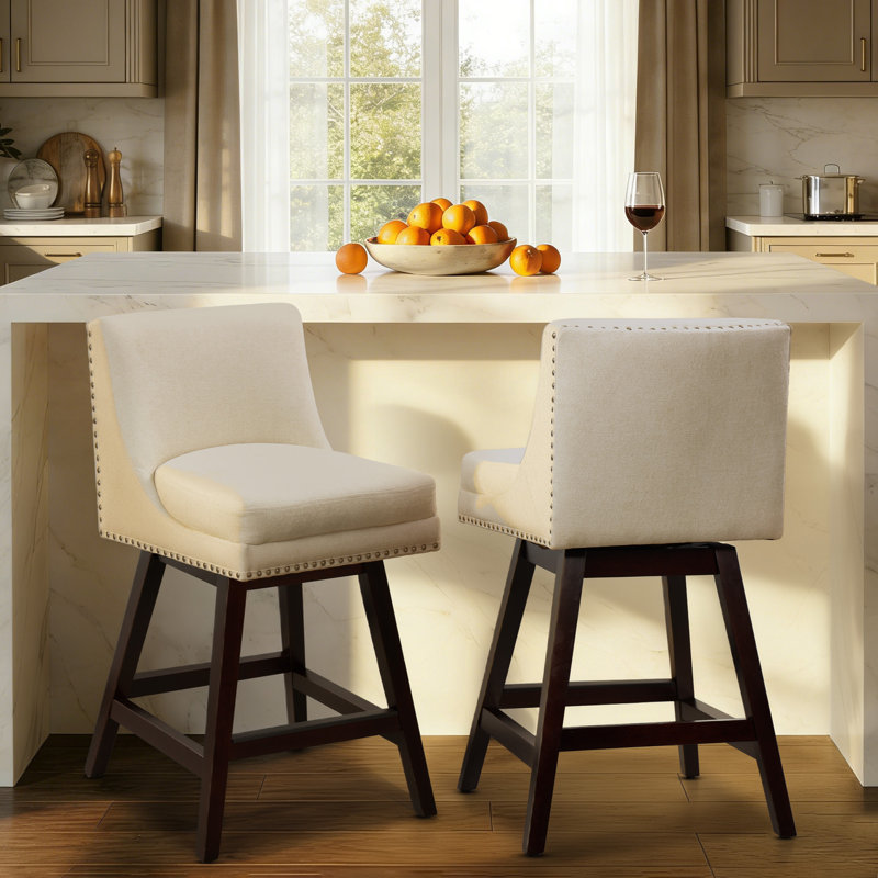 26.77 Inch Swivel Counter Height Bar Stool(Set of 2) With Open Back & Oak Wood Legs, Nailhead Trim For Pub, Bistro, Kitchen, Cafe