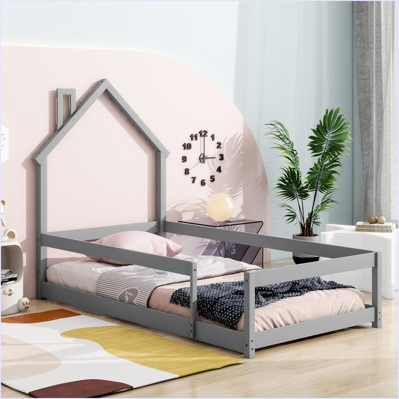 Lit simple en bois avec tête de lit en forme de maison, Gris