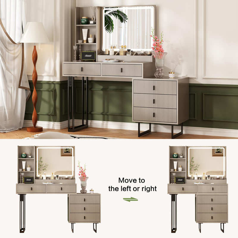 Large Vanity Desk with 3 Color Touch Screen Dimming Mirror, Vanity Desk with Charging Station, Modern Retractable Makeup Dressing Table, Makeup Table With storage shelves and 5 Sliding Drawers