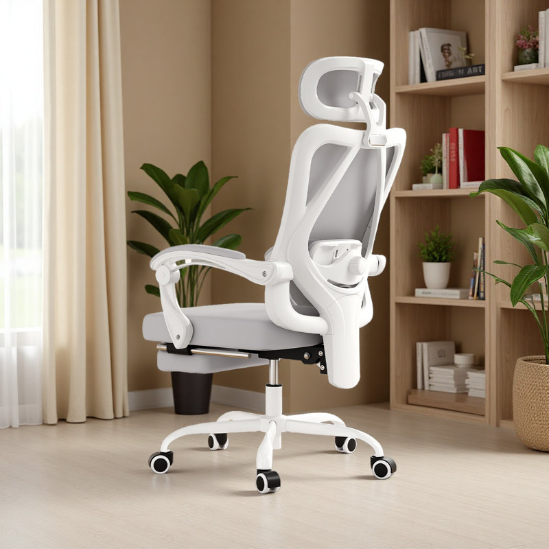 Mesh Office Chair With Footrest & Headrest, Gray/White