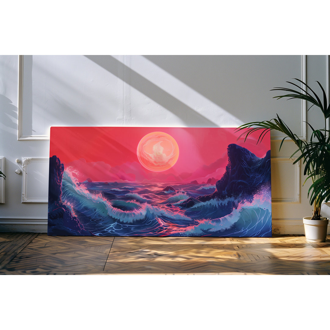 Leinwandbild gerahmt 120x60cm Wellen Sturm roter Himmel Kunstvoll Ozean