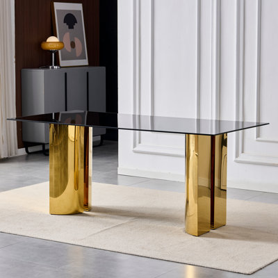 70" Rectangular Dining Table, 70"L x35"W x30"H, Tempered Glass+Sheet Metal, 1 Set (2 Boxes), Dining Table, Gold+Black, Modern Black Glass Design
