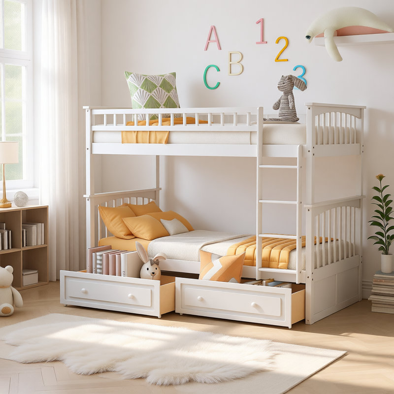 Convertible Bunk Bed with Drawers, Solid Wood Frame with Fence Guardrail and Under-Bed Storage, Twin over Twin, White