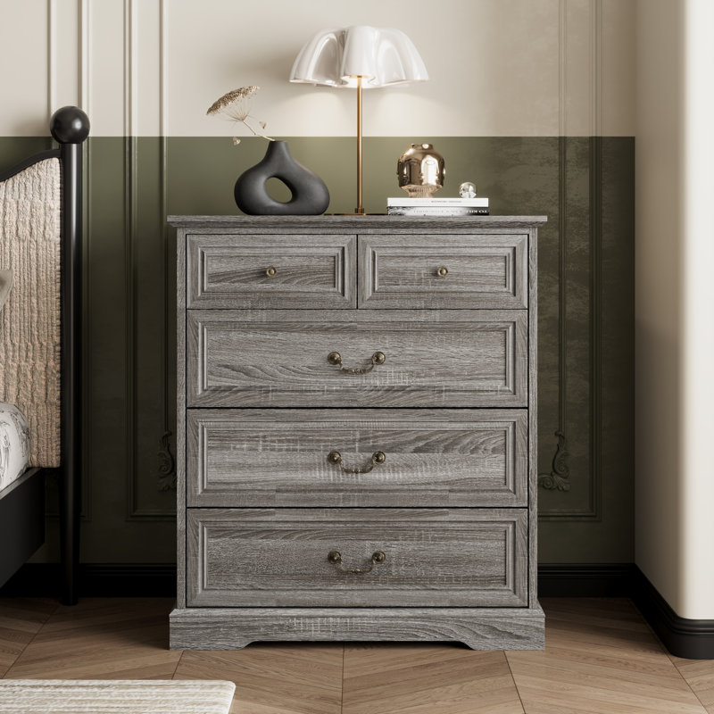 Organisé - Commode 5 tiroirs 31,7 po avec côtés en X, armatures biseautées et poignées en bronze antique