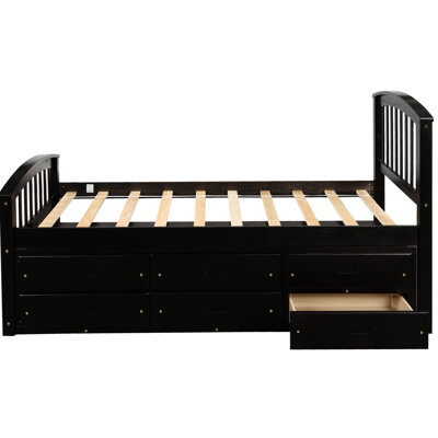 Lit simple, 6 tiroirs, structure en pin de haute qualité, 10 lattes pour matelas, idéal pour les jeunes
