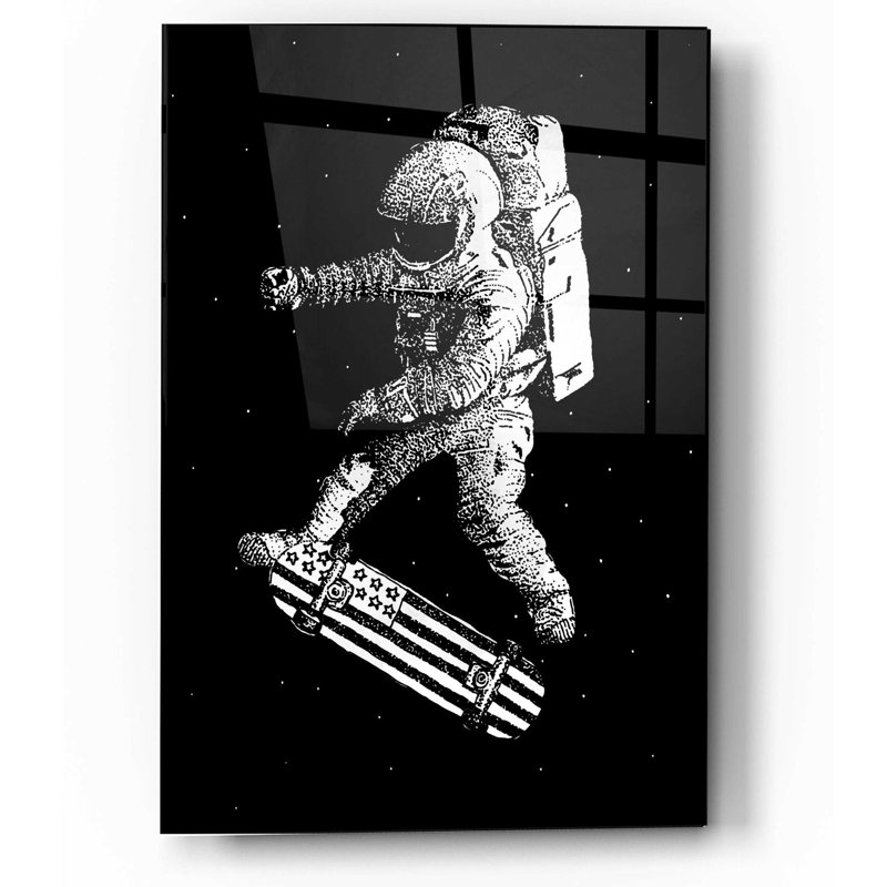 «Kickflip in Space» par Robert Farkas, art mural en verre acrylique, H 16 po x l 12 po x P 0,13 po