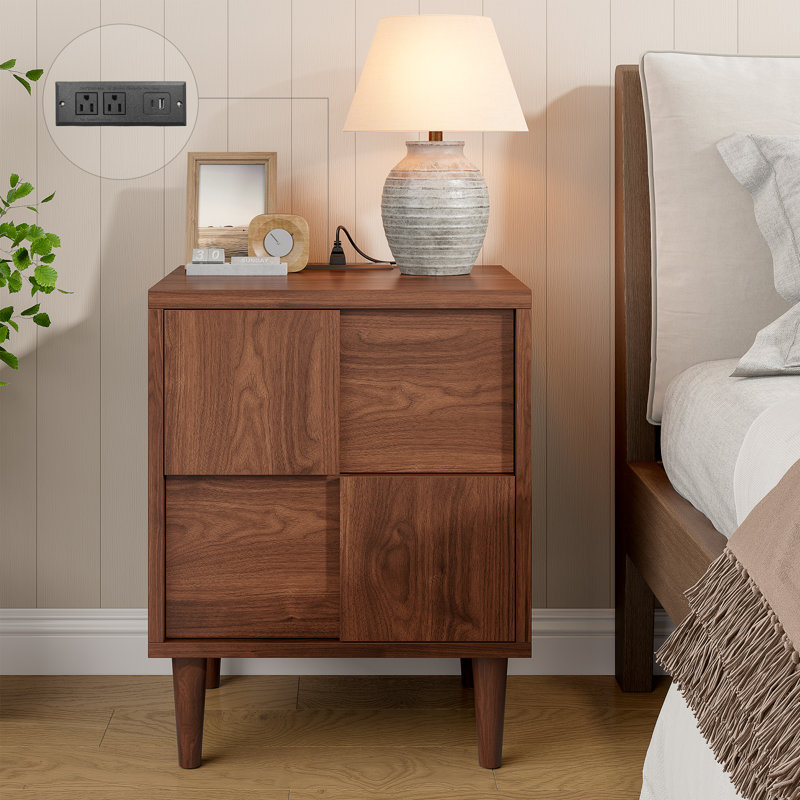 Nightstand With Charging Station, Mid Century Modern End Table, Wood Bedside Table With 2 Storage Drawers For Bedroom, Wood Night Stand, Walnut Brown