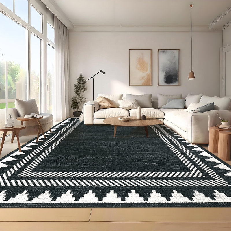 Modern Geometric Machine Washable Rug with Non Slip TPR Backing, Low Pile Non Shedding Floor Covering, Soft Thin Foldable Mat for Living Room Bedroom Nursery