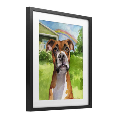 Boxer and Rainbow Portrait Framed Print Under Glass, design by George Dyachenko