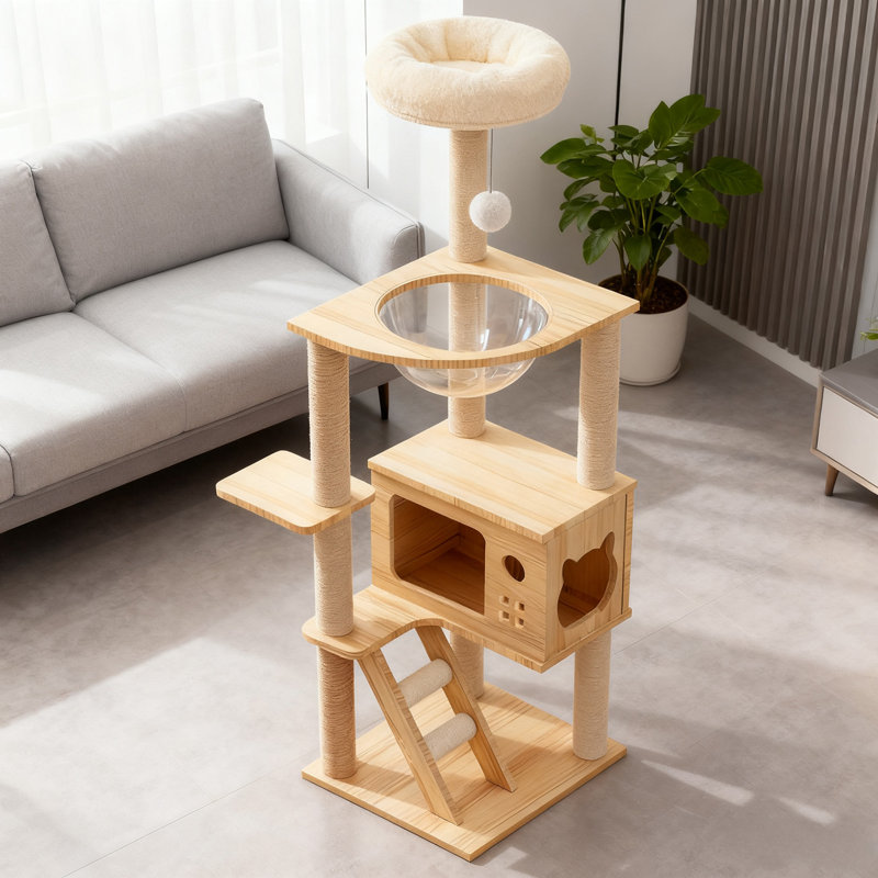 Tour à chat moderne de 48,8 po, arbre à chat en bois pour chats d'intérieur, arbre à chat avec poteaux à griffes recouverts de sisal et perchoir supérieur, condo pour chat avec hamac en acrylique pour petits chats de grande taille