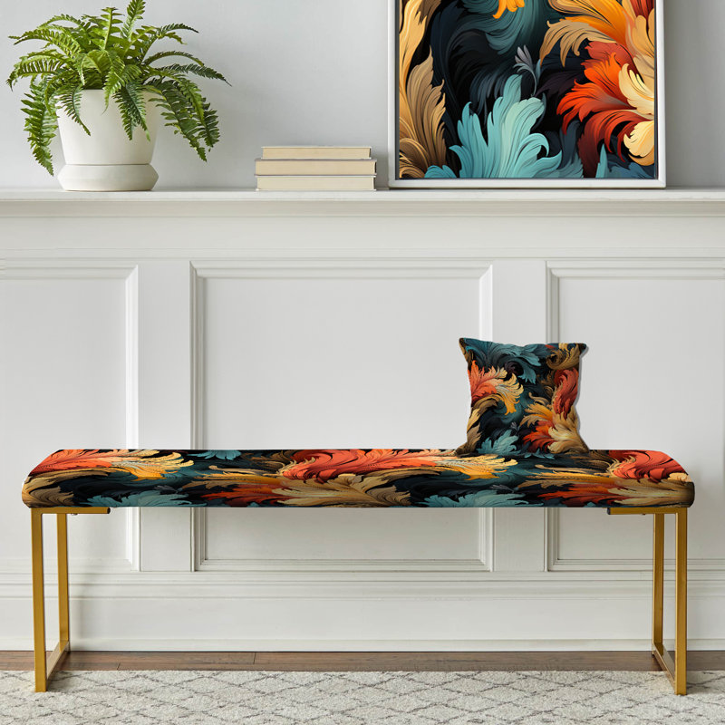 Banc abstrait tapissier doré, Peint en damas, feuilles colorées - abstrait