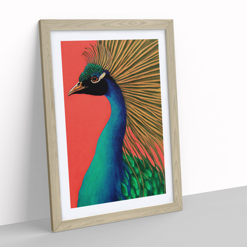 Attractive Peacock - Single Picture Frame Painting, 64cm H x 46cm W x 2cm D, Oak Framed
