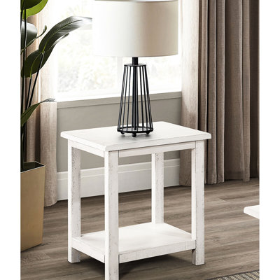 Table de bout carrée blanche vieillie en bois de pin et en bois d'ingénierie, tablette pour présentation de modèles, hauteur de 20 pouces avec finition, rangement pour télécommande inférieure, large