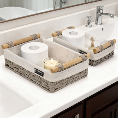 2-Piece Woven Storage Basket Set With Wood Handles, Multipurpose Organization Bin For Bathroom, Bedroom, And Kitchen Shelving, Decorative Home Storage