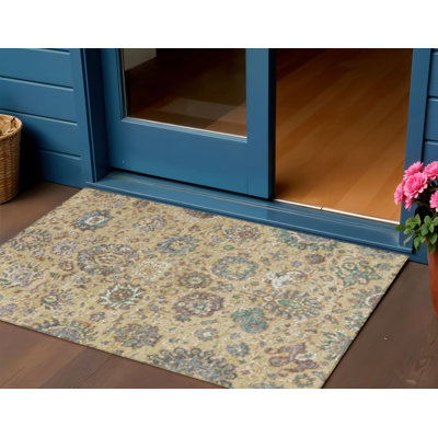3' X 5' Gold Beige And Pale Aqua Floral Washable Indoor Outdoor Area Rug