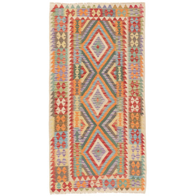 Rectangle 103 cm x 200 cm Geometric Wool Hand Woven Kilim Area Rug
